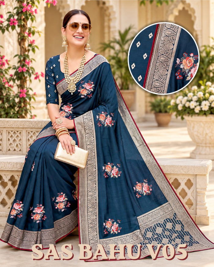 Saas Bahu saree jakat material par digital print aur siroski stone work, Malaa Surat