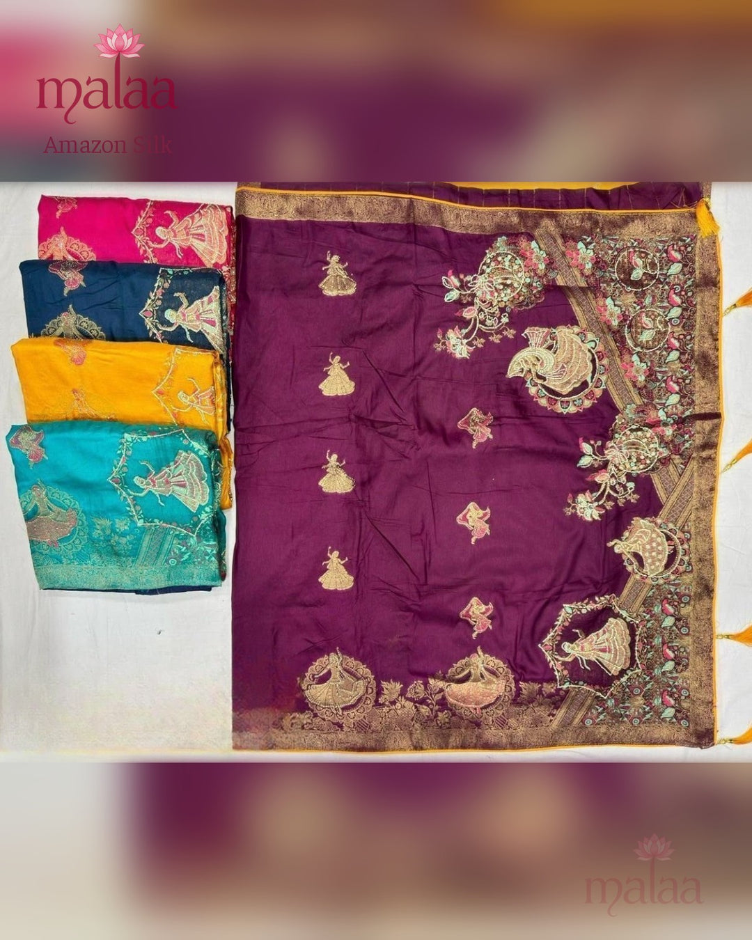 Amazon Silk saree, heavy dola, jarkan and seroski work, Malaa Silk Collection