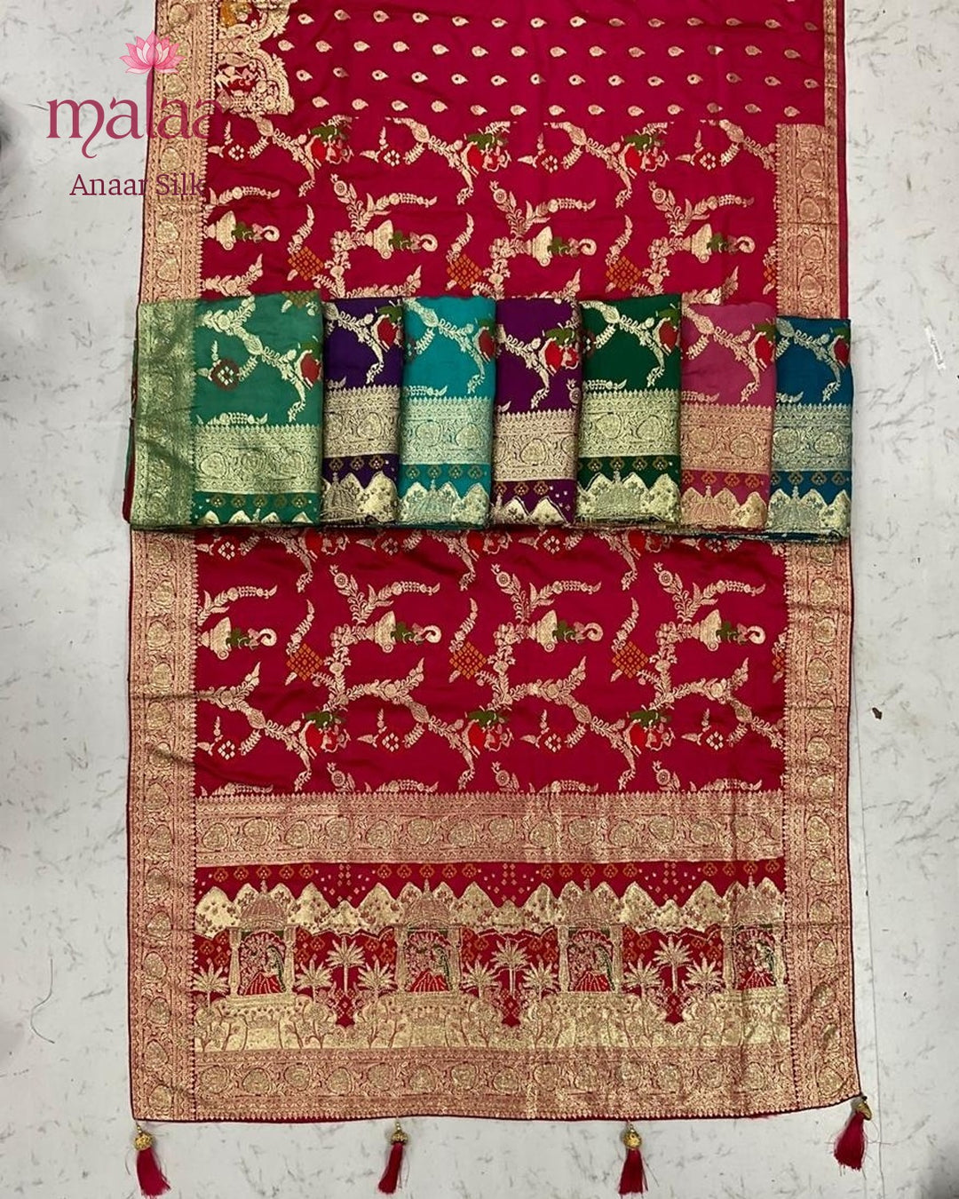 Anaar Silk saree, satin, jarkan work pallu, Malaa Silk Collection