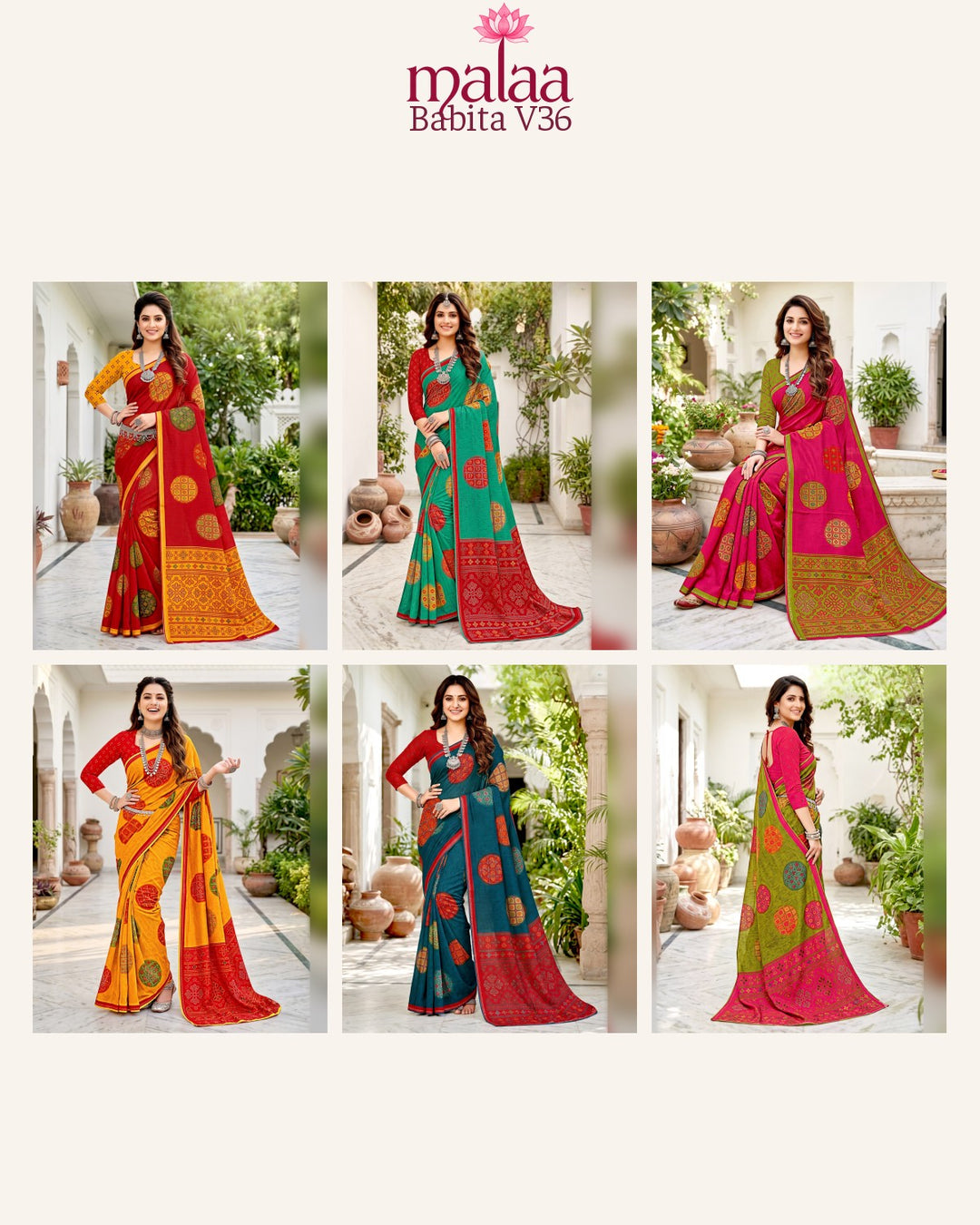 Babita V36 saree catalogue, all 6 designs, Malaa