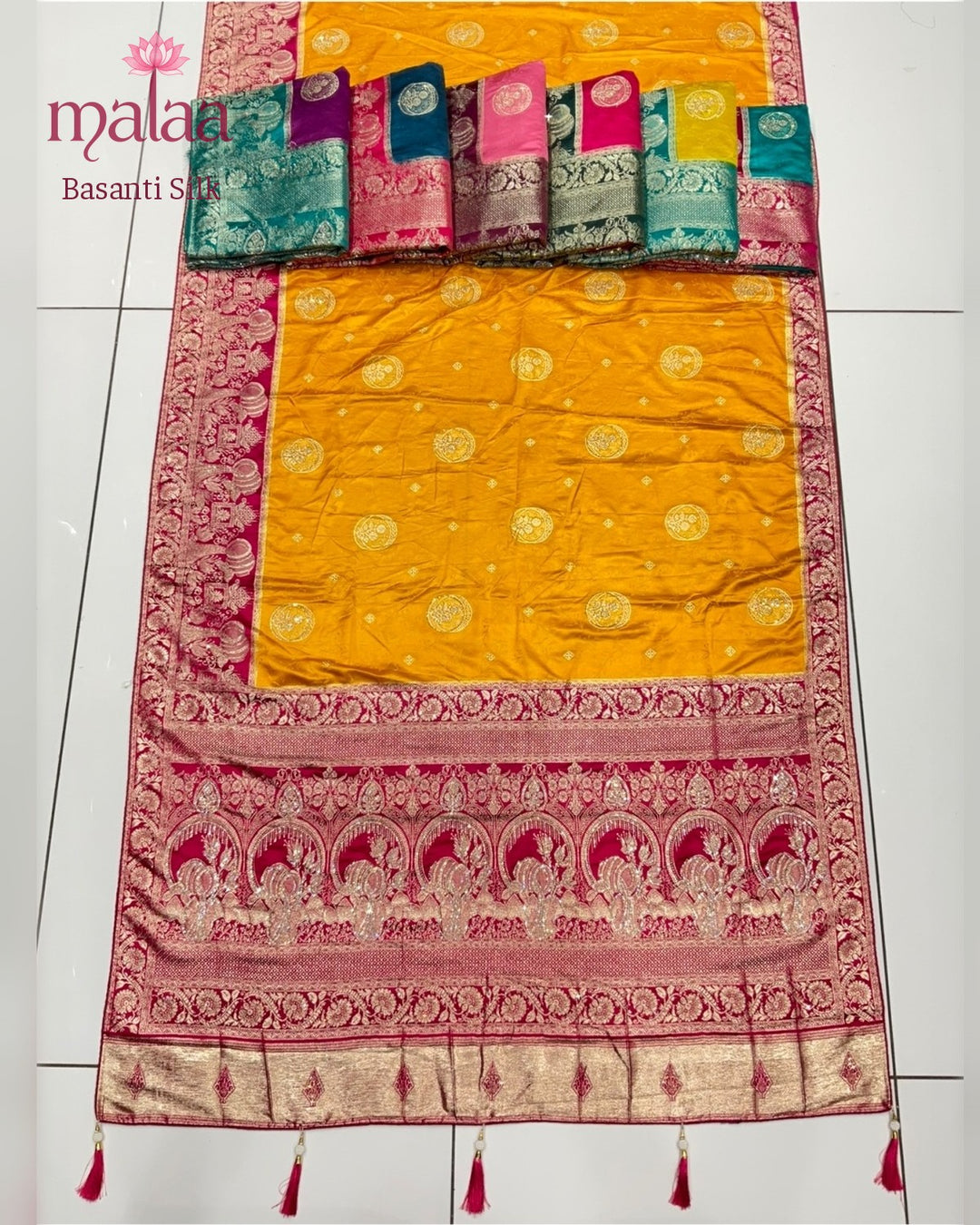 Basanti Silk saree, satin, jarkan work pallu, Malaa Silk Collection