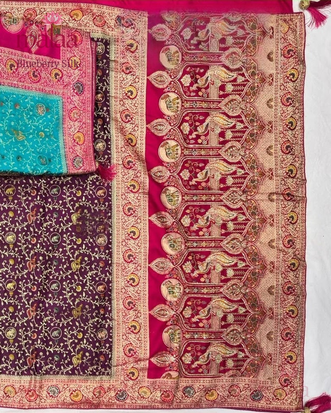 Blueberry Silk saree, chap dying satin and pashmina satin, heavy jarkan work, Malaa Silk Collection