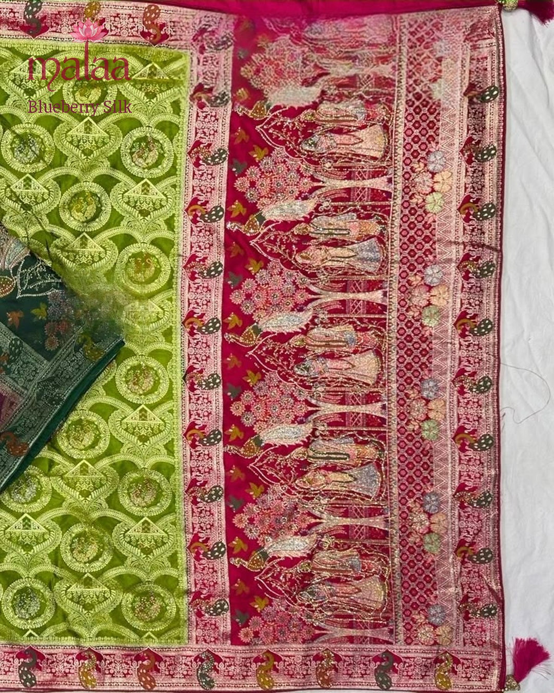 Blueberry Silk saree, chap dying satin and pashmina satin, heavy jarkan work, Malaa Silk Collection