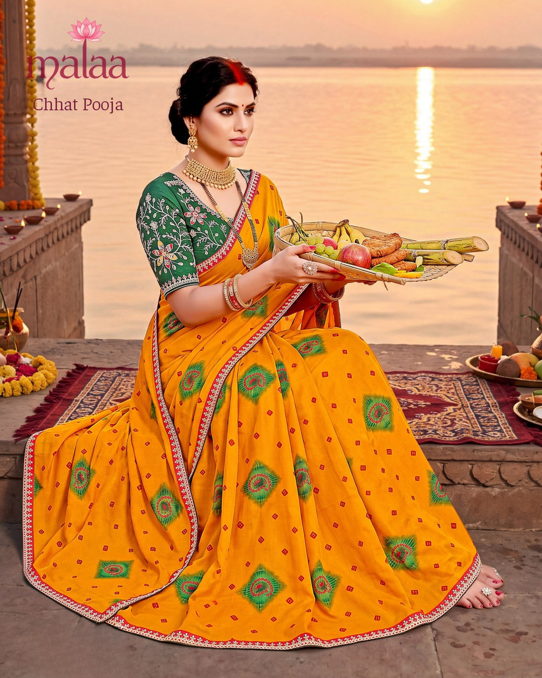 Chhat Pooja saree D1, Bandhani print, lace border, Malaa Sarees Surat