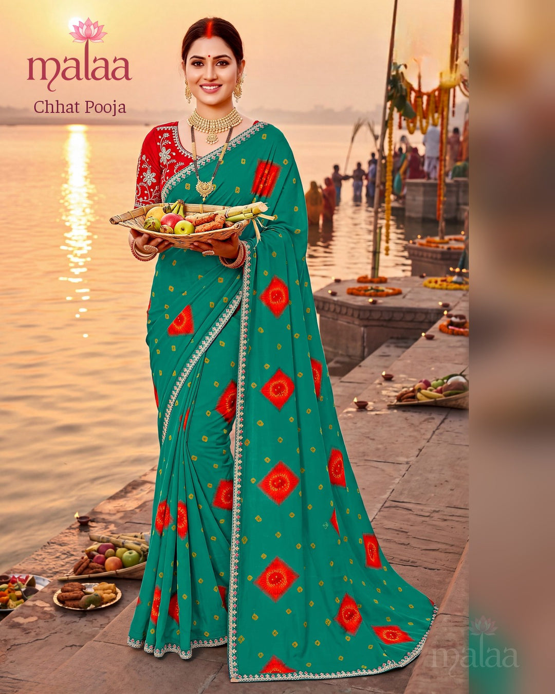 Chhat Pooja saree D2, Bandhani print, lace border, Malaa Sarees Surat