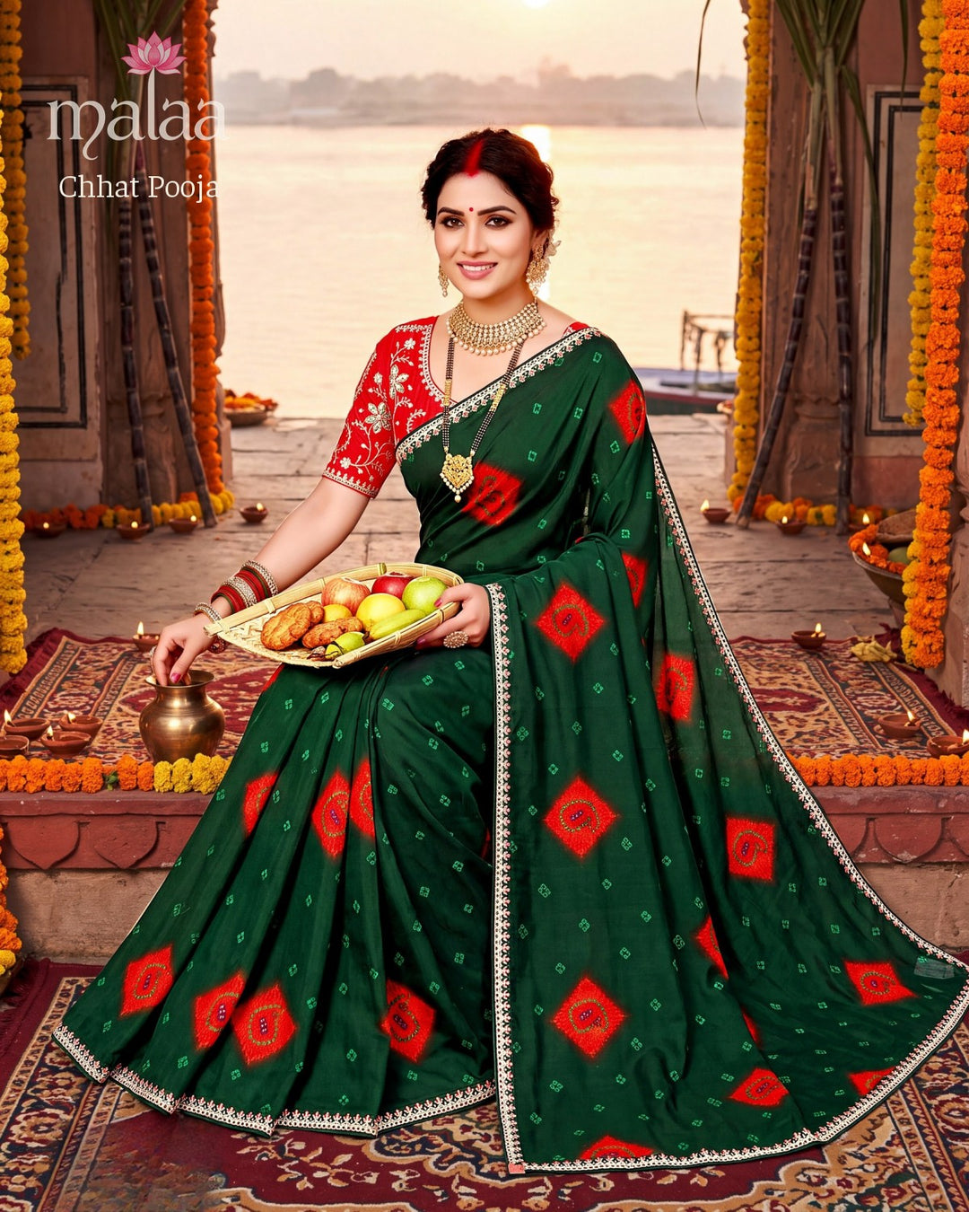 Chhat Pooja saree D3, Bandhani print, lace border, Malaa Sarees Surat