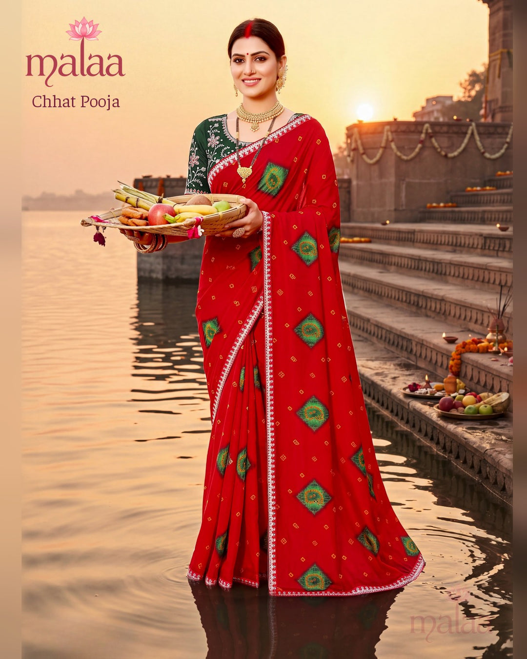 Chhat Pooja saree D4, Bandhani print, lace border, Malaa Sarees Surat