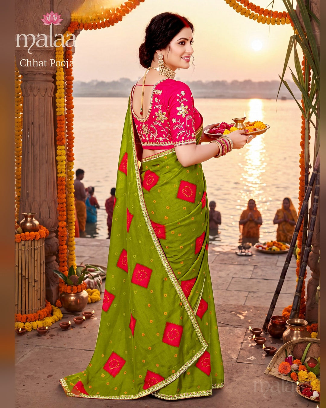 Chhat Pooja saree D5, Bandhani print, lace border, Malaa Sarees Surat