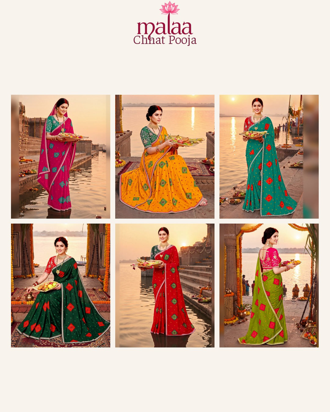 Chhat Pooja saree D6, Bandhani print, lace border, Malaa Sarees Surat