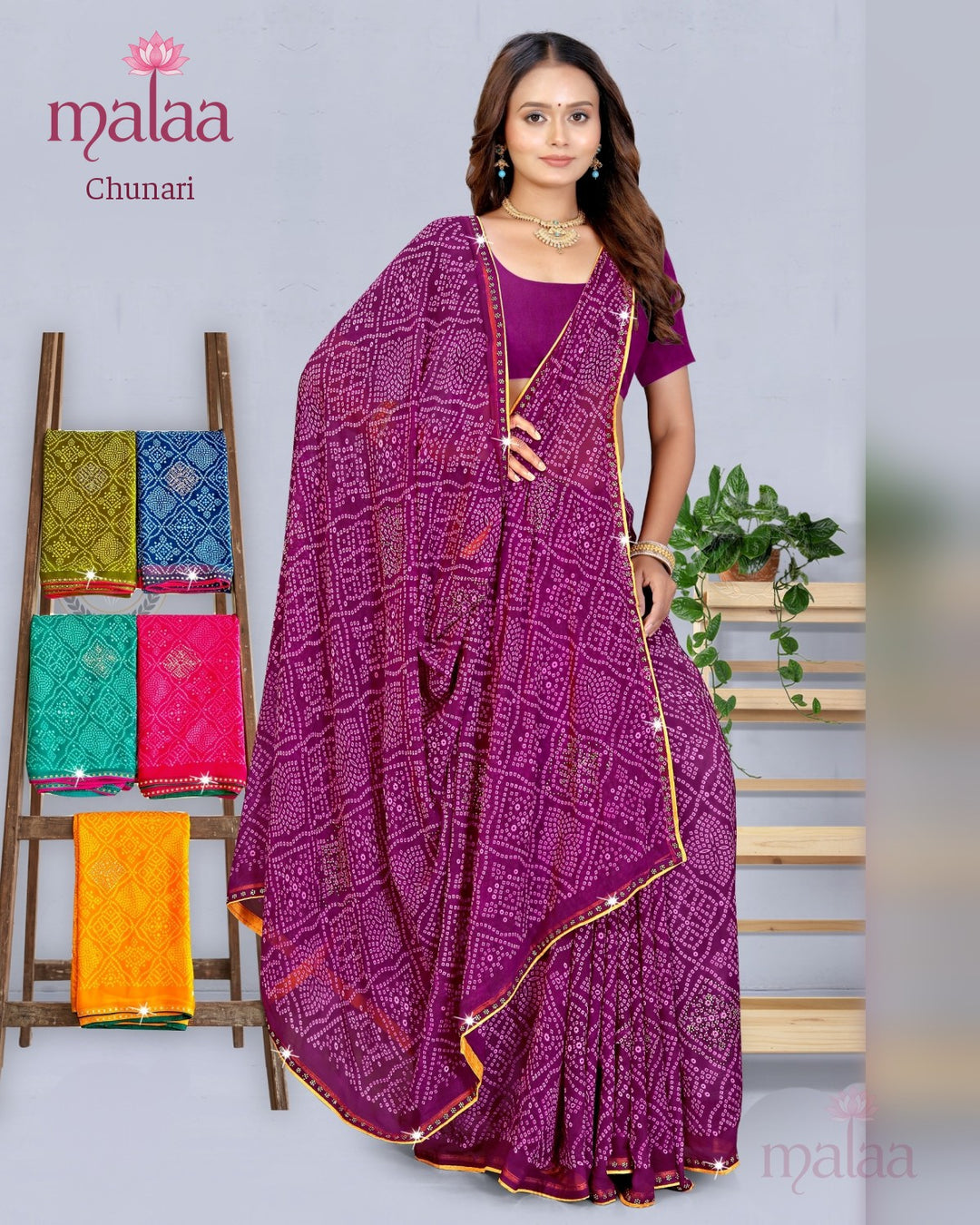 Chunari saree catalogue, design 1, weightless georgette, Malaa