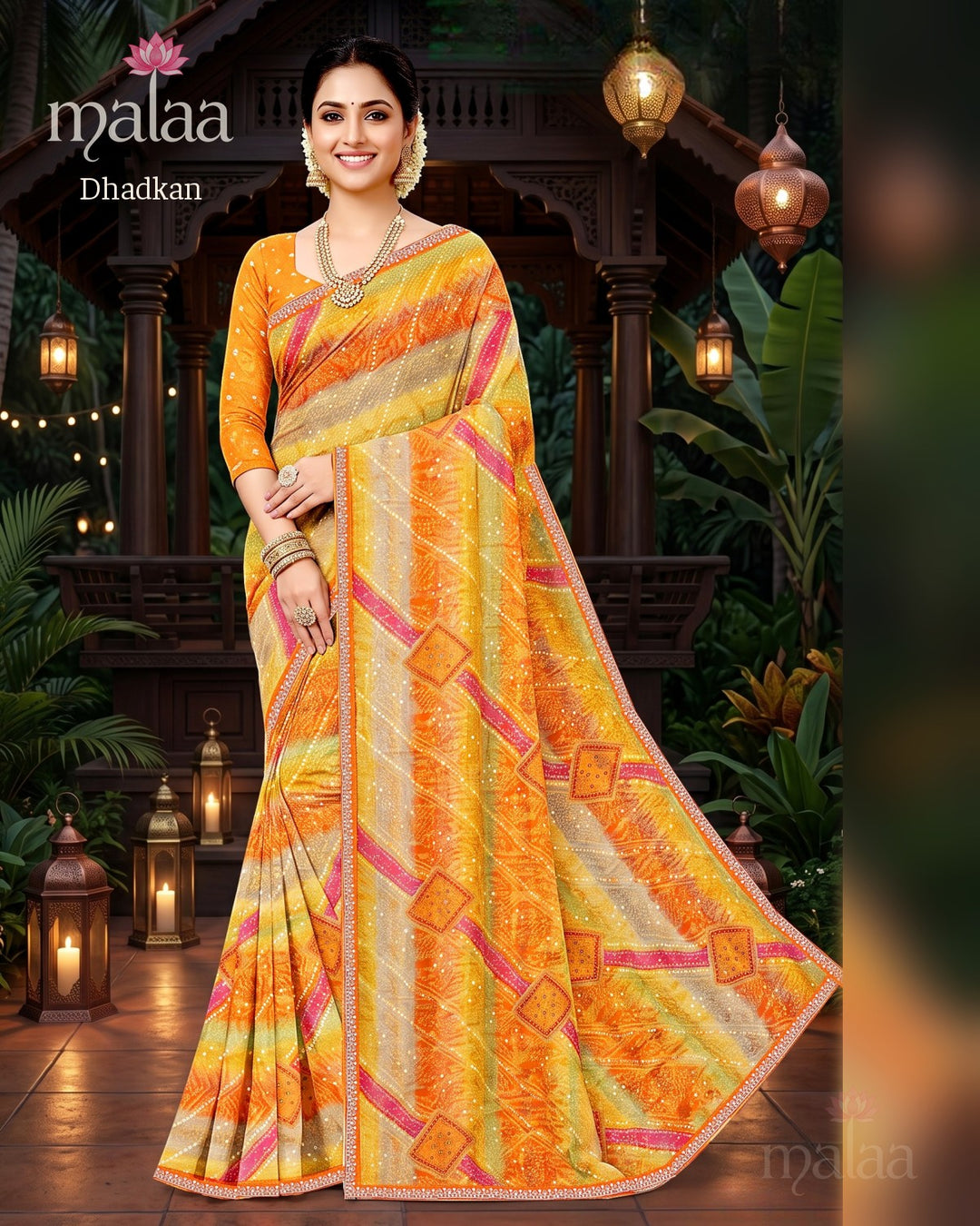 Dhadkan saree D1, Leheriya print with sequins, lace border, Malaa Sarees Surat