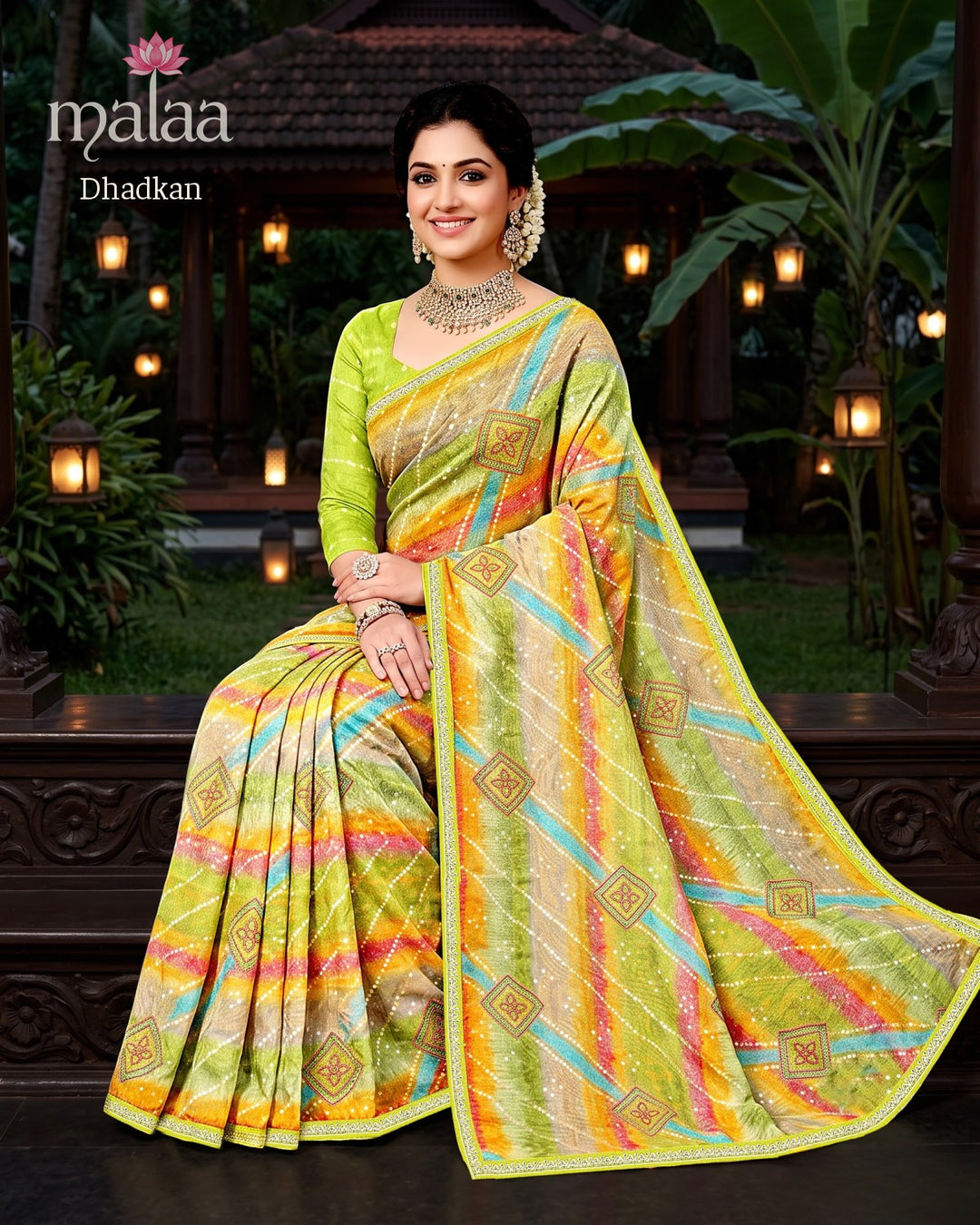 Dhadkan saree D2, Leheriya print with sequins, lace border, Malaa Sarees Surat