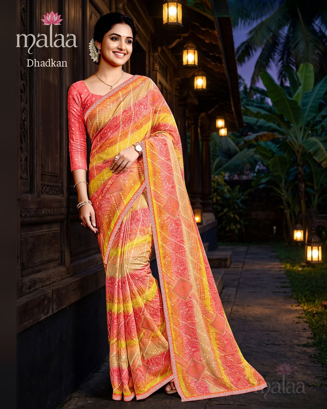 Dhadkan saree D3, Leheriya print with sequins, lace border, Malaa Sarees Surat