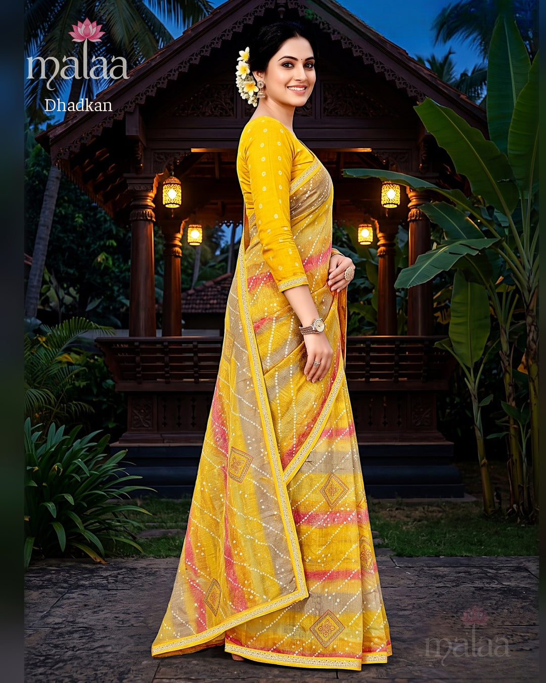 Dhadkan saree D4, Leheriya print with sequins, lace border, Malaa Sarees Surat