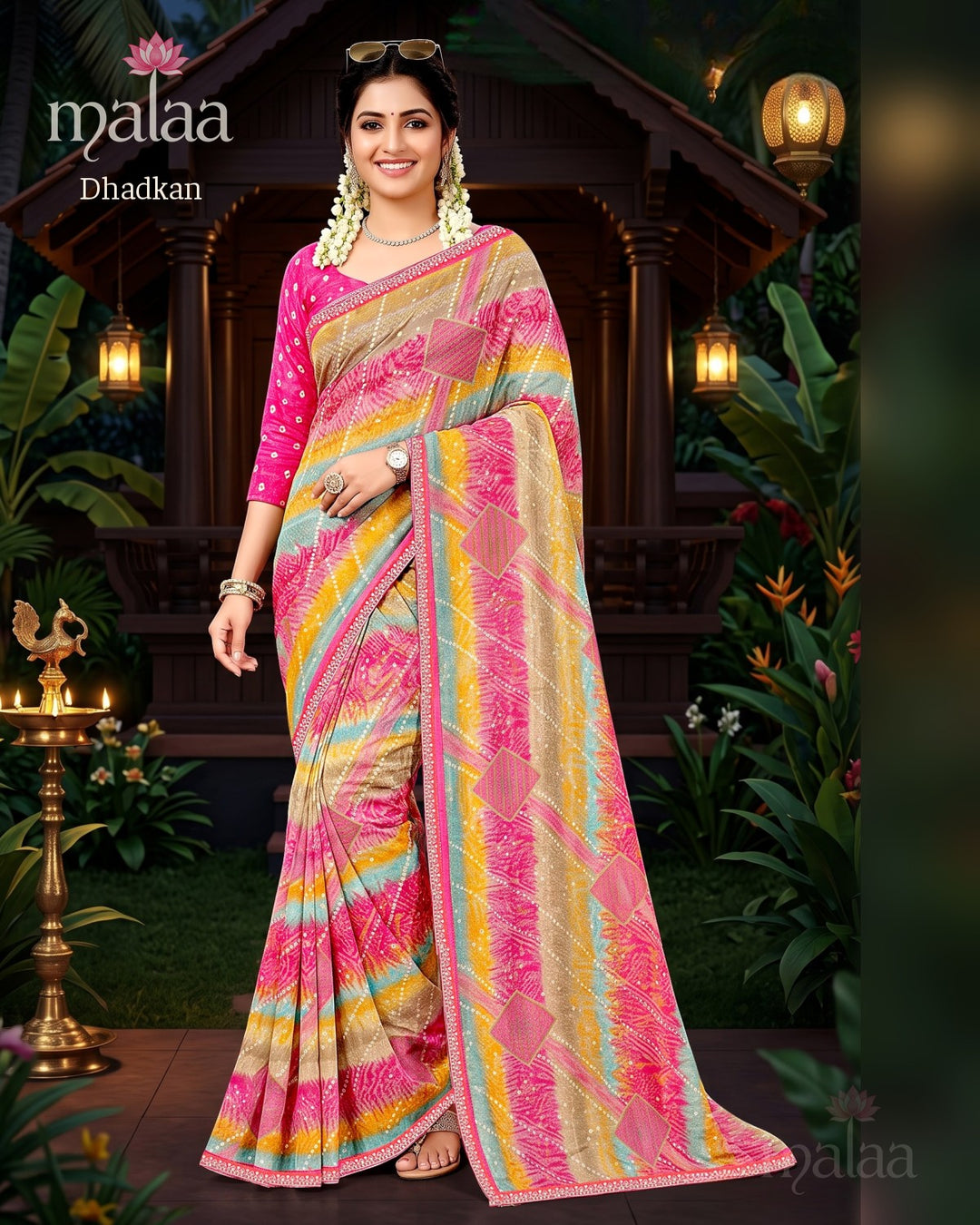 Dhadkan saree D5, Leheriya print with sequins, lace border, Malaa Sarees Surat