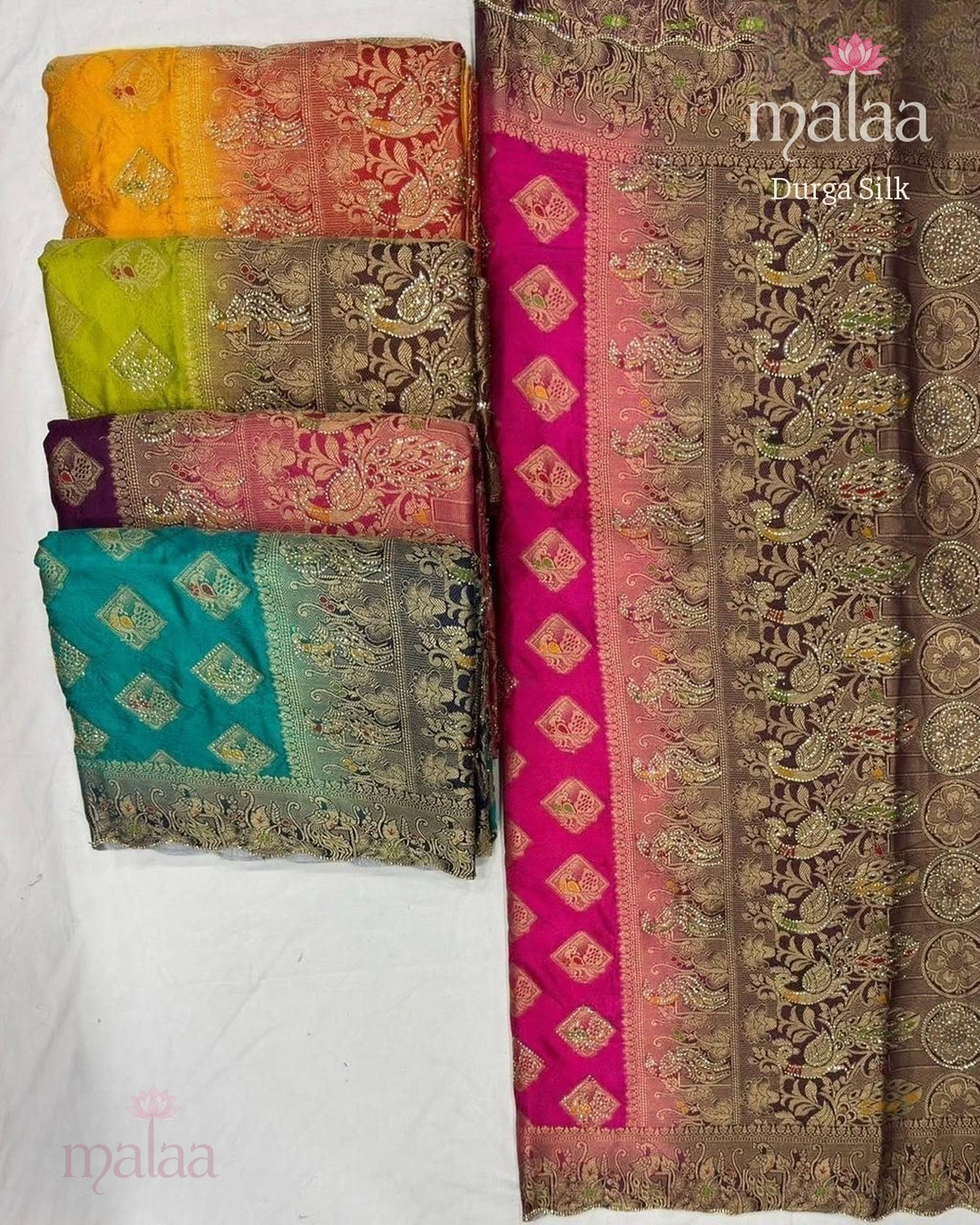 Durga Silk saree, meena satin, jarkan cutwork and seroski, Malaa Silk Collection