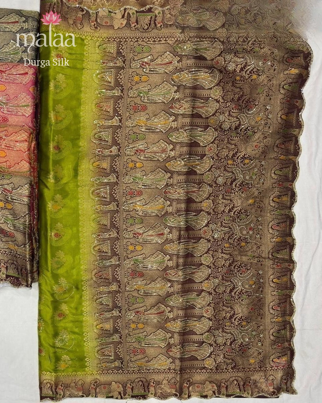 Durga Silk saree, meena satin, jarkan cutwork and seroski, Malaa Silk Collection