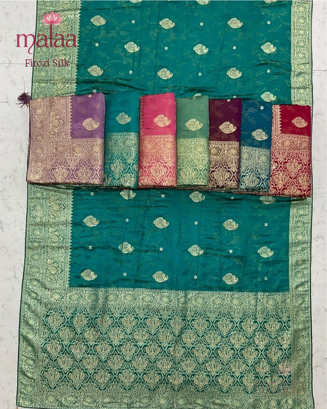 Firozi Silk saree, tissue silk, jarkan work pallu, Malaa Silk Collection