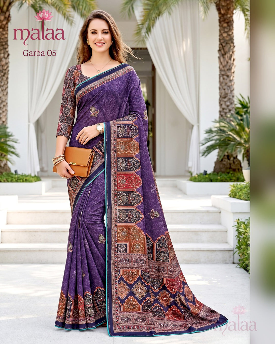 Garba 05 saree D1, Ajrakh style print, foil touches, printed border, Malaa Sarees Surat