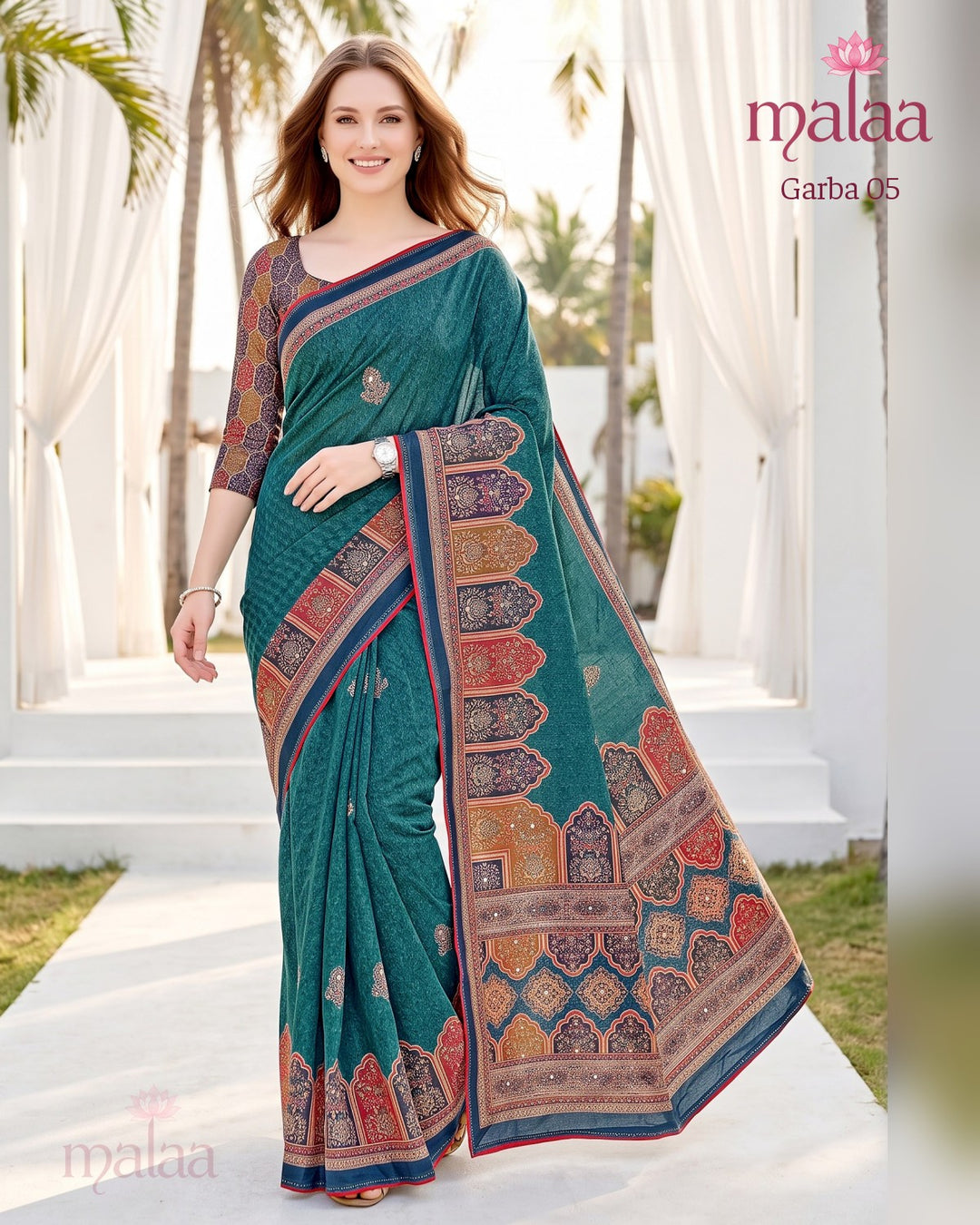 Garba 05 saree D2, Ajrakh style print, foil touches, printed border, Malaa Sarees Surat