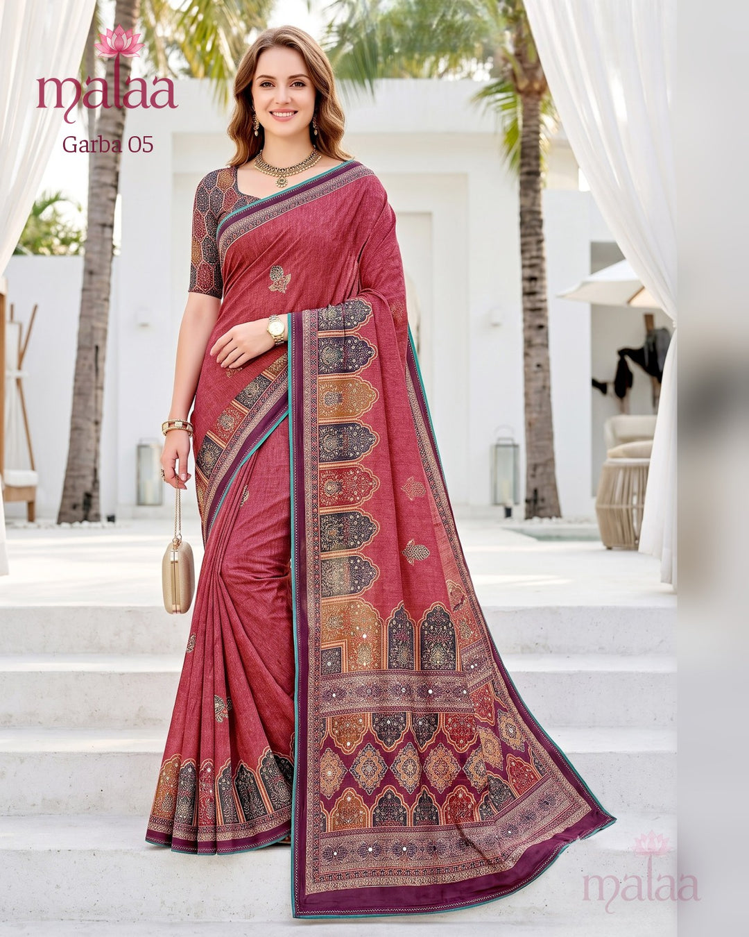 Garba 05 saree D3, Ajrakh style print, foil touches, printed border, Malaa Sarees Surat