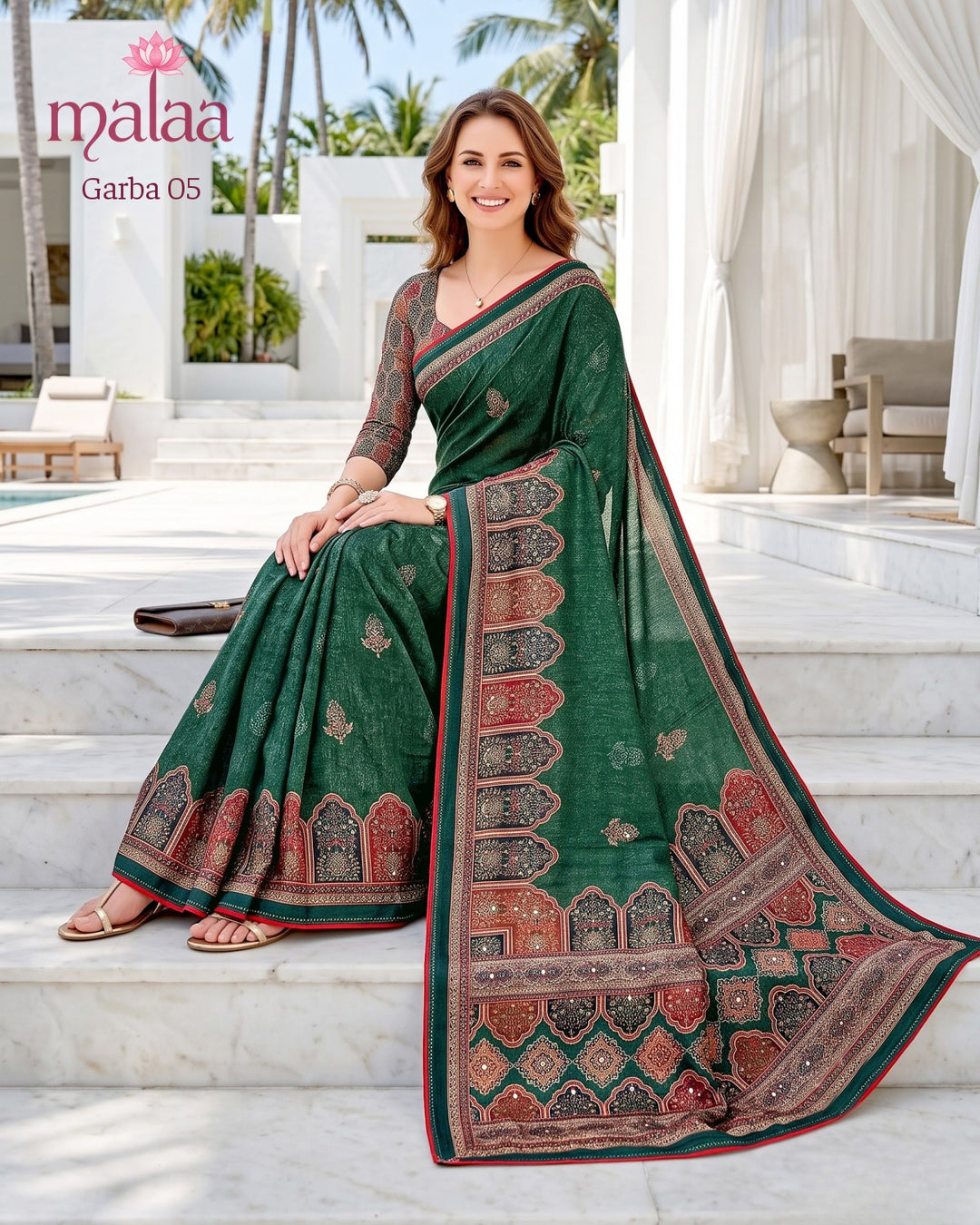 Garba 05 saree D4, Ajrakh style print, foil touches, printed border, Malaa Sarees Surat