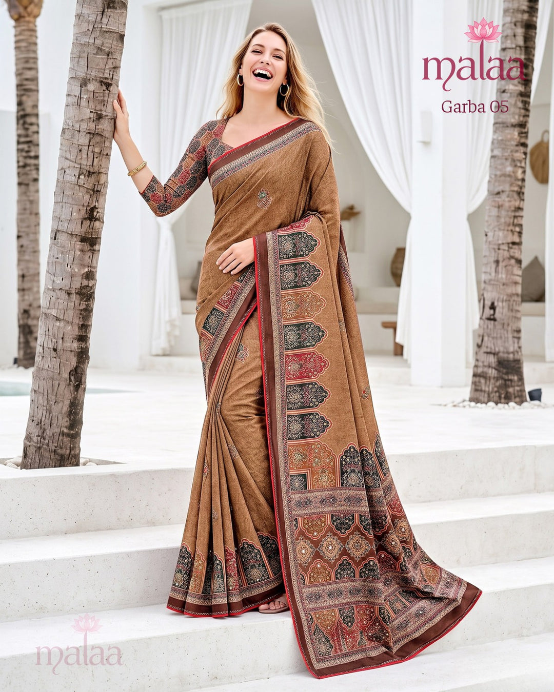 Garba 05 saree D5, Ajrakh style print, foil touches, printed border, Malaa Sarees Surat