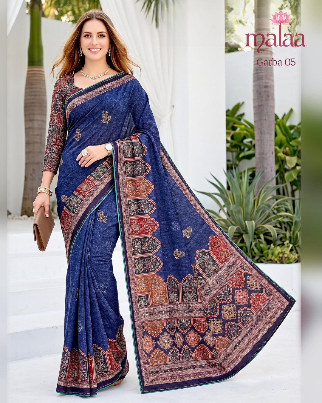 Garba 05 saree D6, Ajrakh style print, foil touches, printed border, Malaa Sarees Surat
