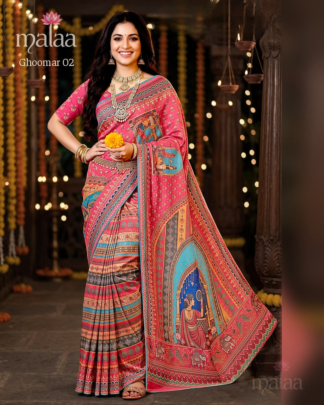 Ghoomar 02 saree D1, Rajasthani motif digital print, printed border, Malaa Sarees Surat