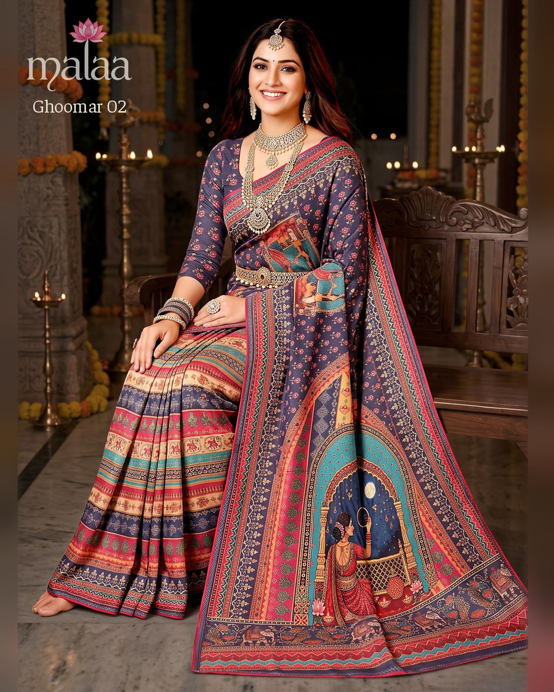 Ghoomar 02 saree D2, Rajasthani motif digital print, printed border, Malaa Sarees Surat