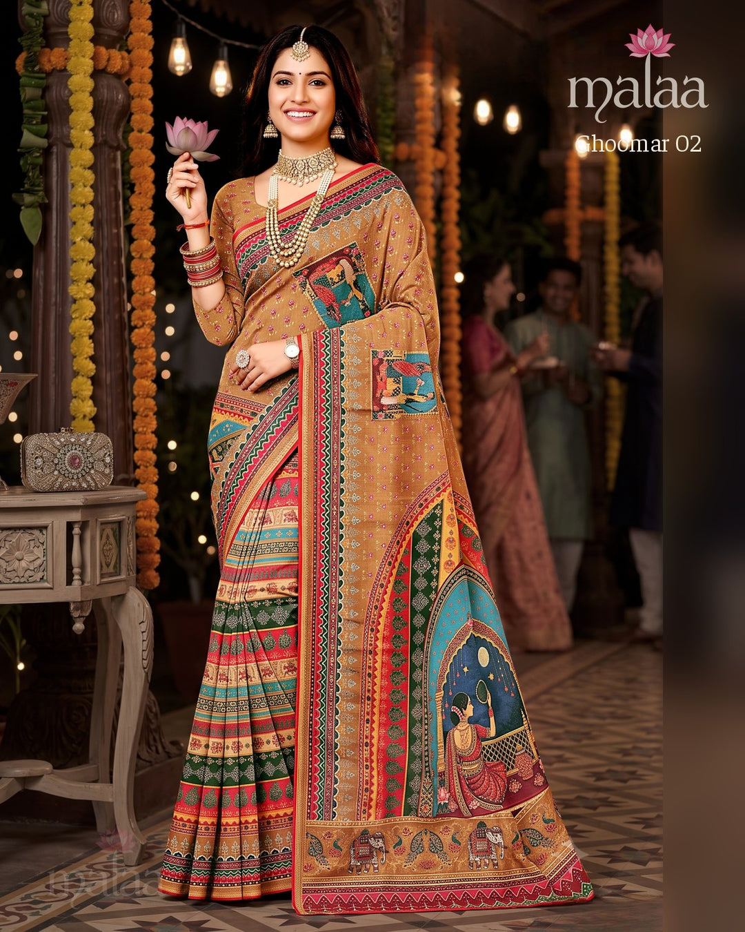 Ghoomar 02 saree D3, Rajasthani motif digital print, printed border, Malaa Sarees Surat