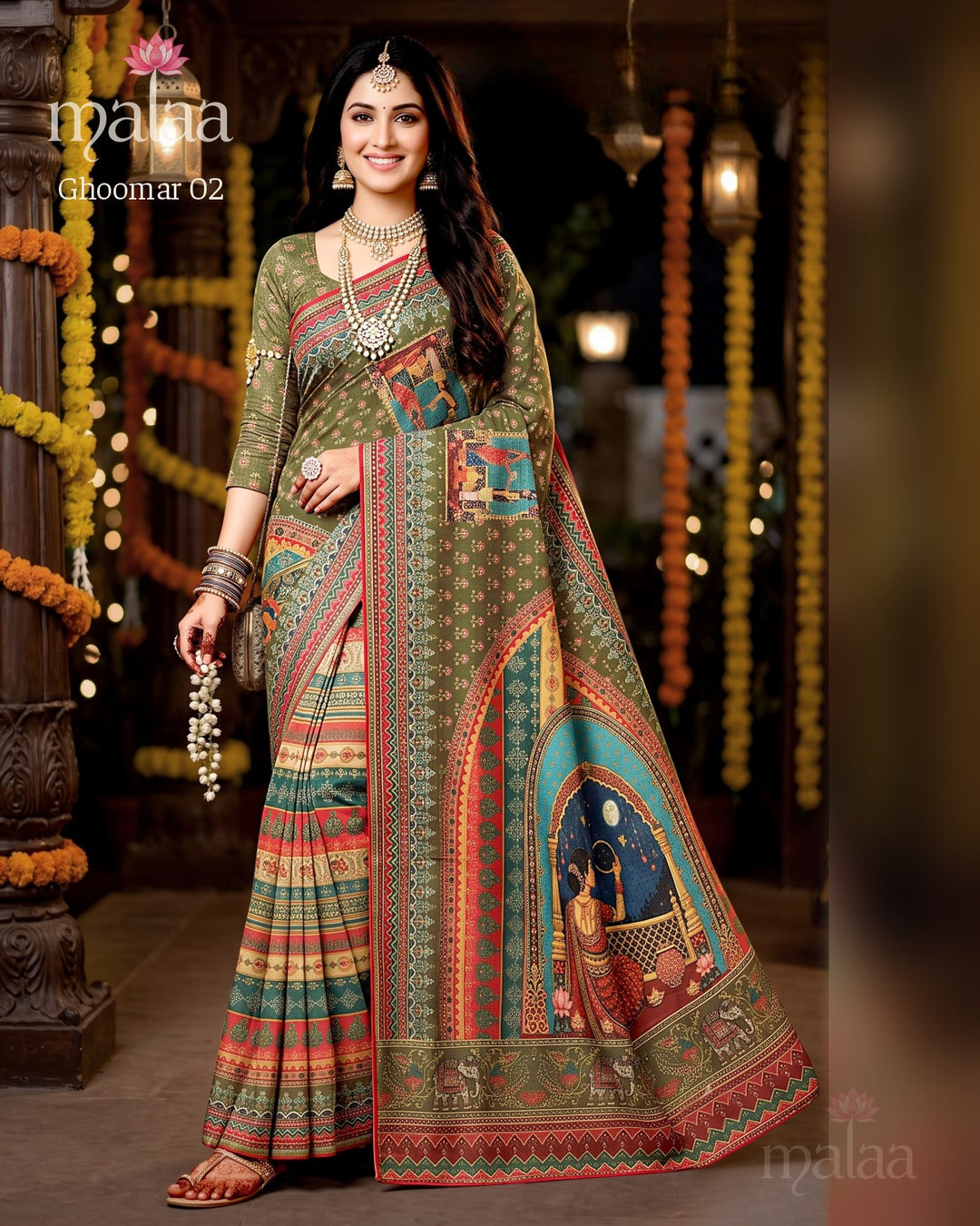 Ghoomar 02 saree D4, Rajasthani motif digital print, printed border, Malaa Sarees Surat