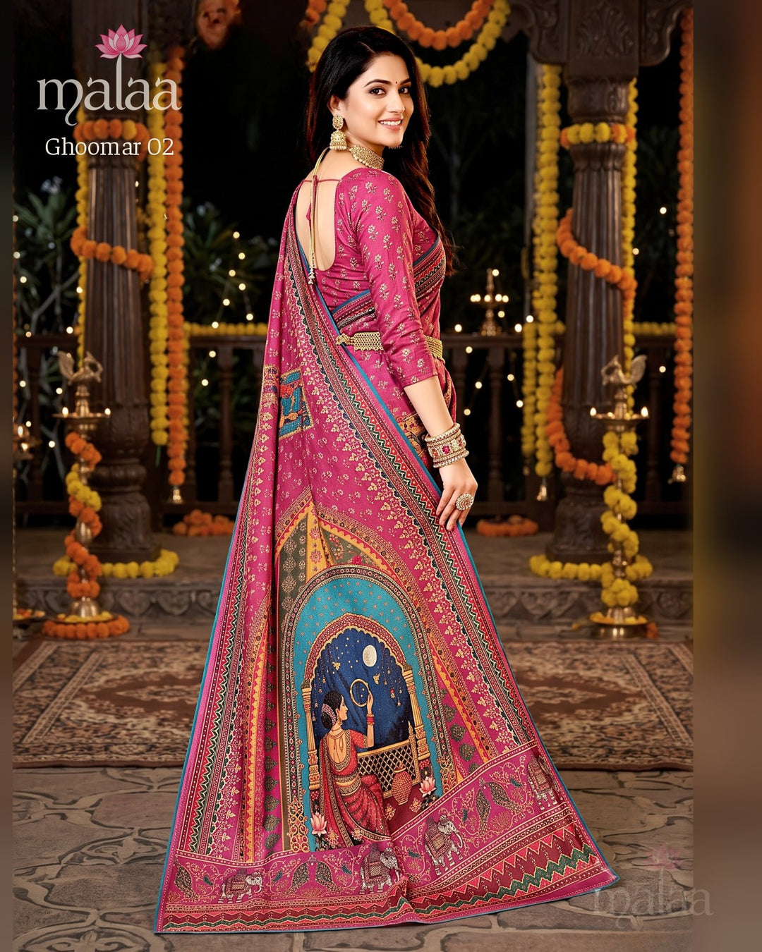 Ghoomar 02 saree D5, Rajasthani motif digital print, printed border, Malaa Sarees Surat