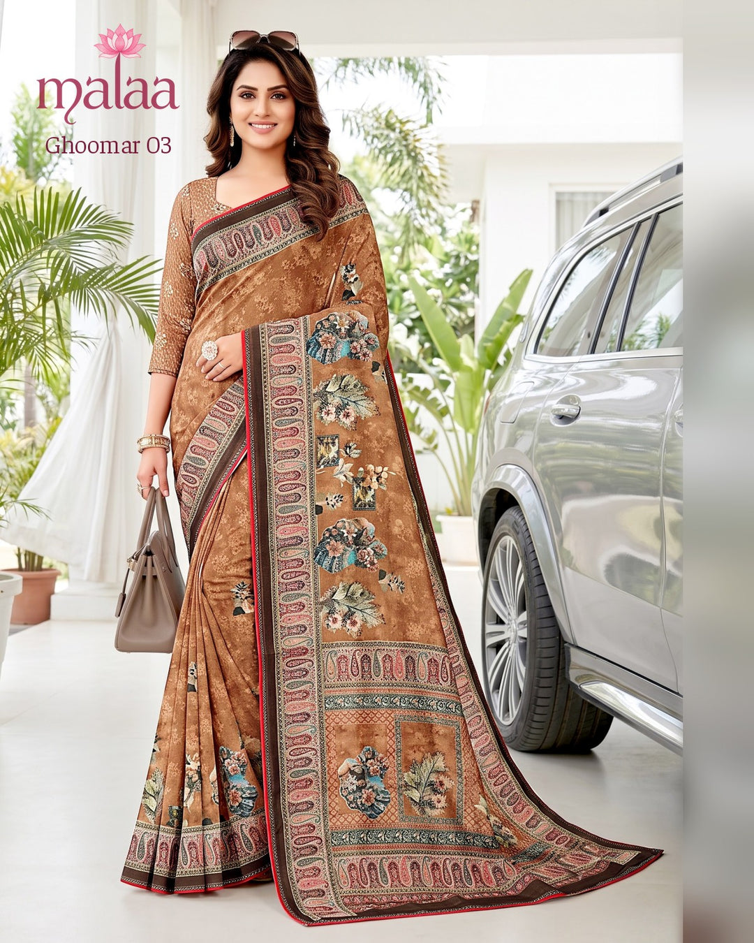 Ghoomar 03 saree D2, Floral digital print, paisley border, Malaa Sarees Surat