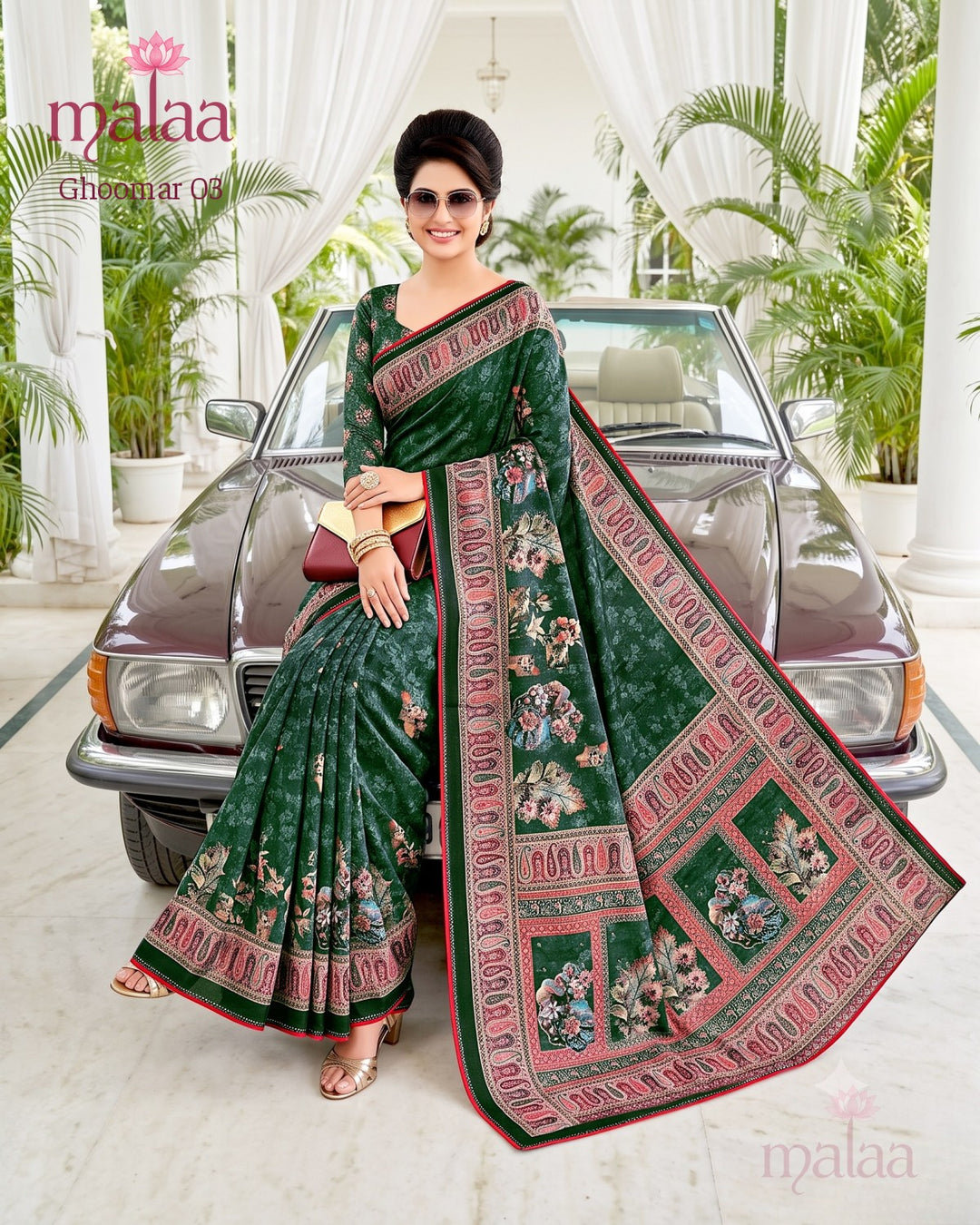 Ghoomar 03 saree D3, Floral digital print, paisley border, Malaa Sarees Surat