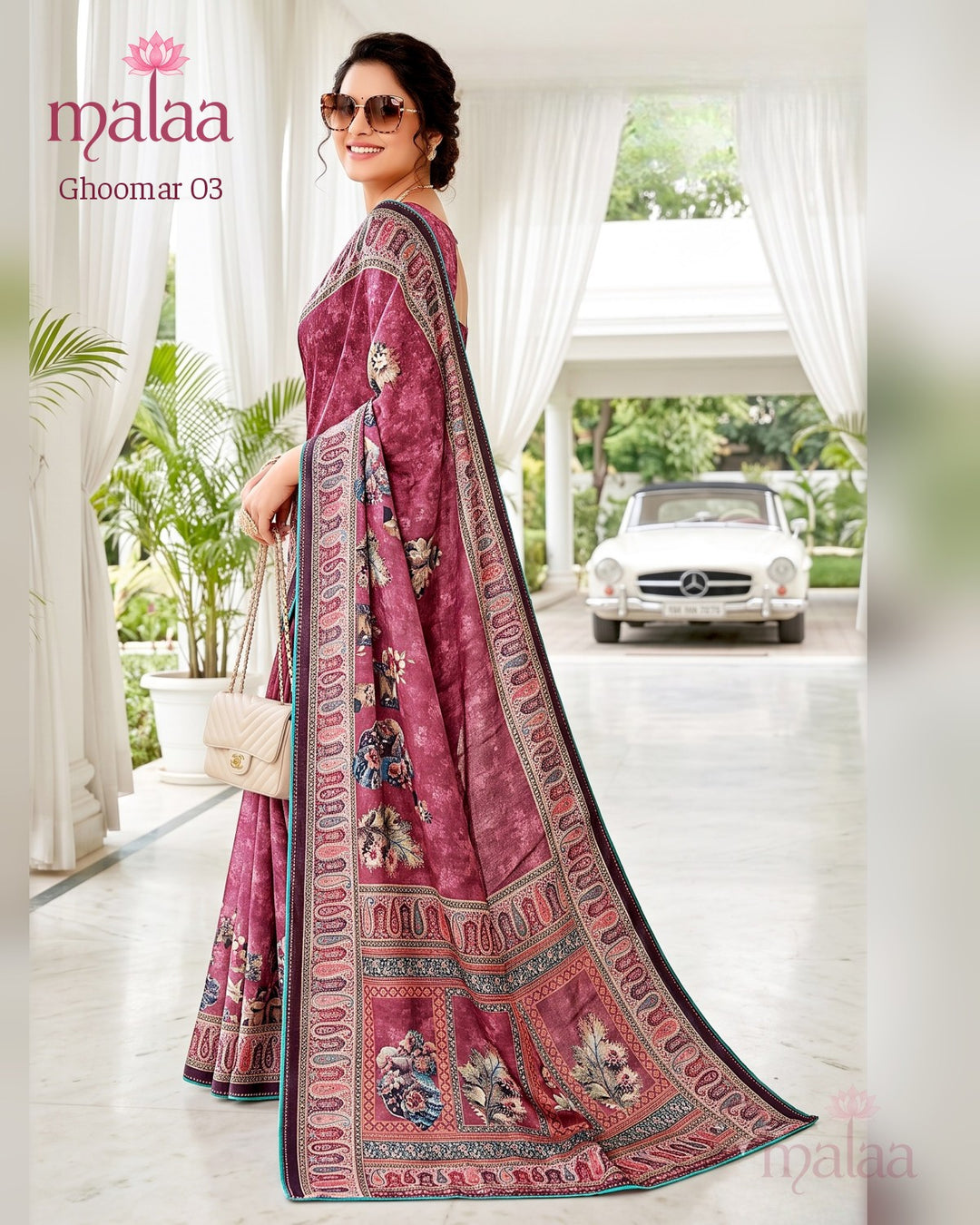 Ghoomar 03 saree D4, Floral digital print, paisley border, Malaa Sarees Surat