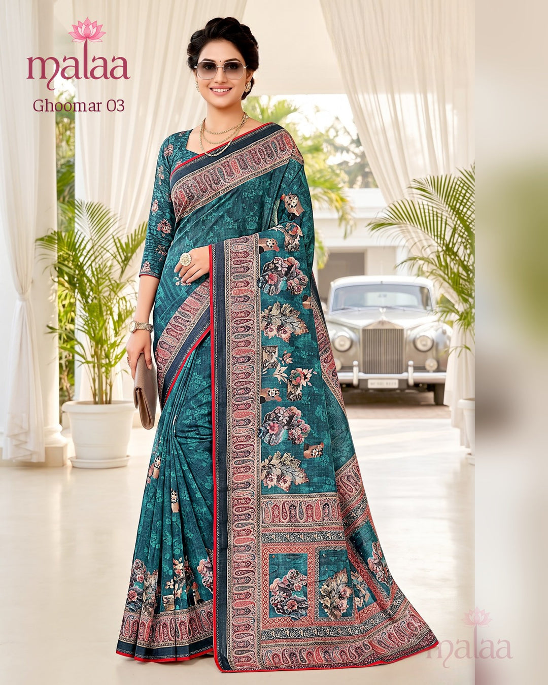 Ghoomar 03 saree D5, Floral digital print, paisley border, Malaa Sarees Surat