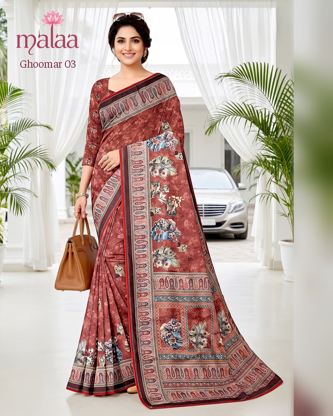 Ghoomar 03 saree D6, Floral digital print, paisley border, Malaa Sarees Surat