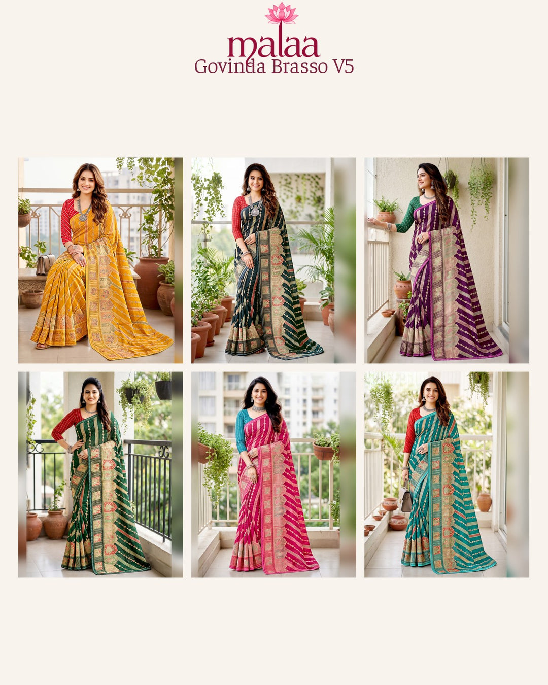 Govinda Brasso V5 saree catalogue, all 6 designs, Malaa