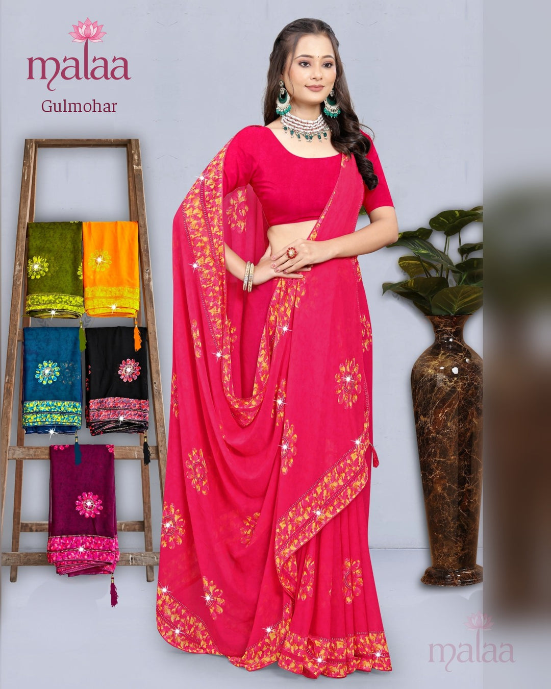 Gulmohar saree catalogue, design 1, weightless georgette, Malaa