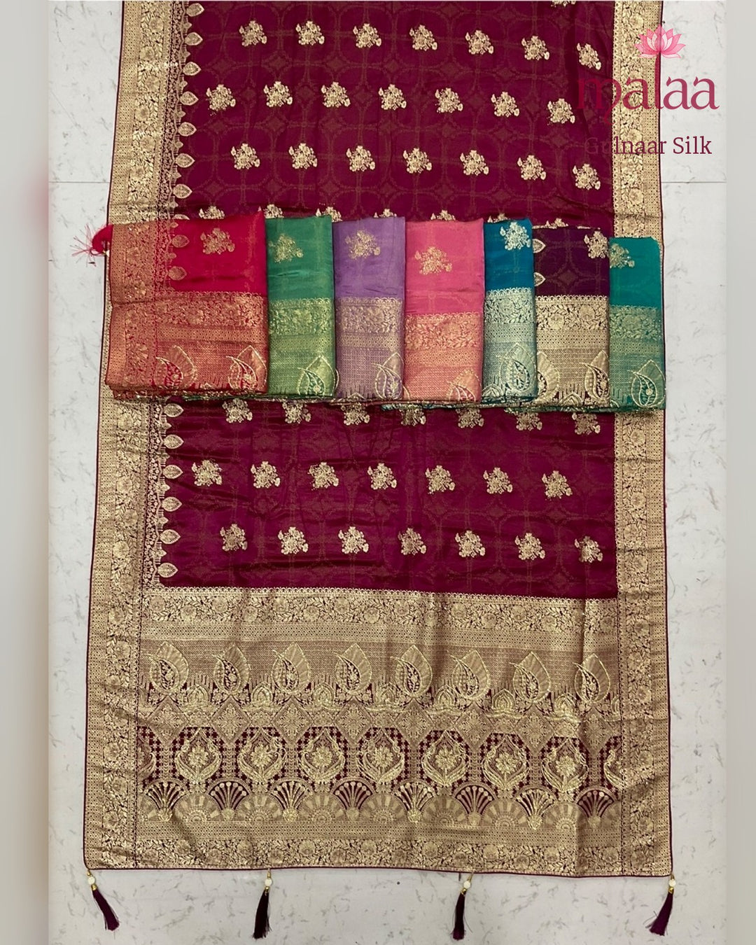 Gulnaar Silk saree, tissue silk, jarkan work pallu, Malaa Silk Collection