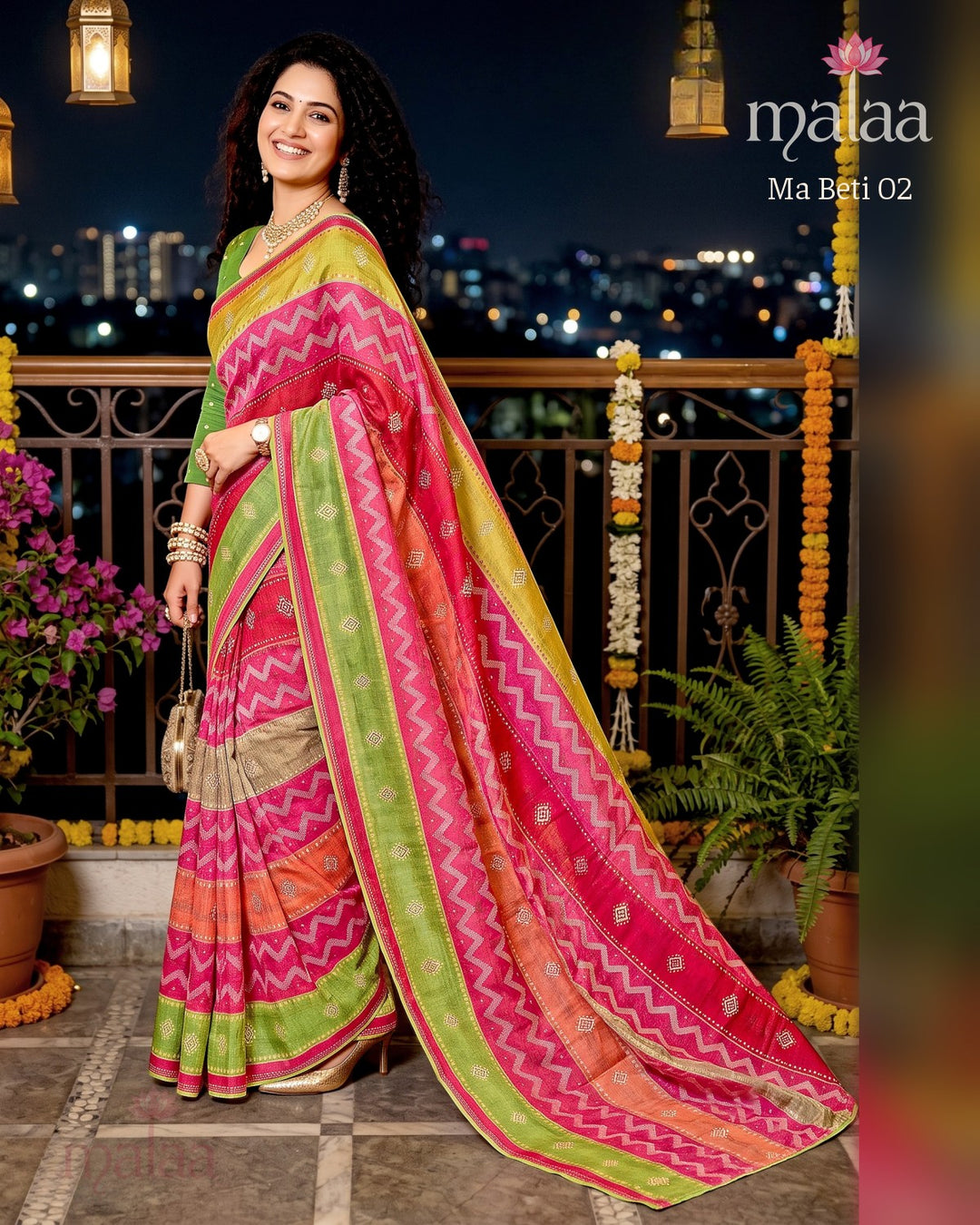 Ma Beti 02 saree D1, Zigzag leheriya print, butti work, printed border, Malaa Sarees Surat
