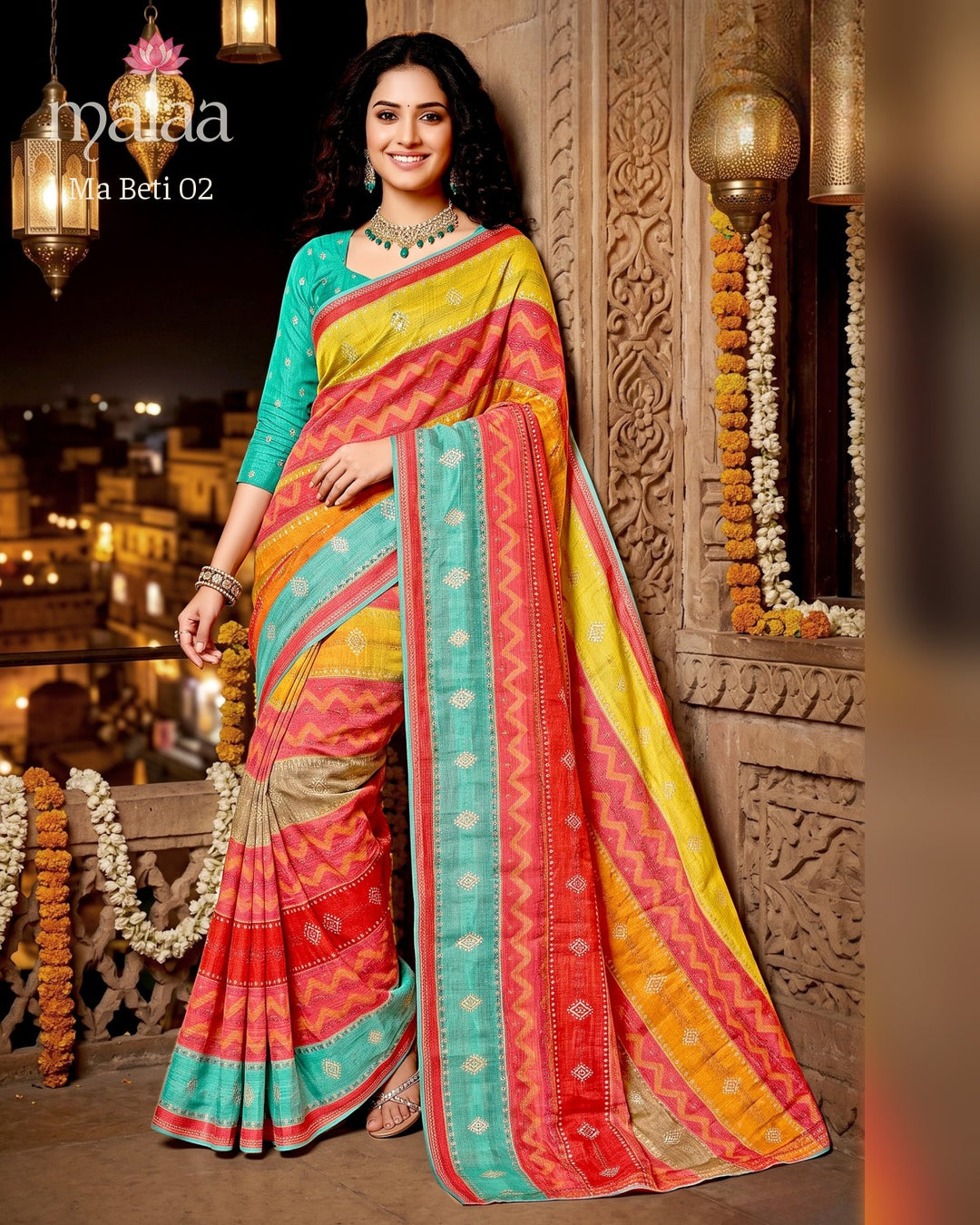 Ma Beti 02 saree D2, Zigzag leheriya print, butti work, printed border, Malaa Sarees Surat
