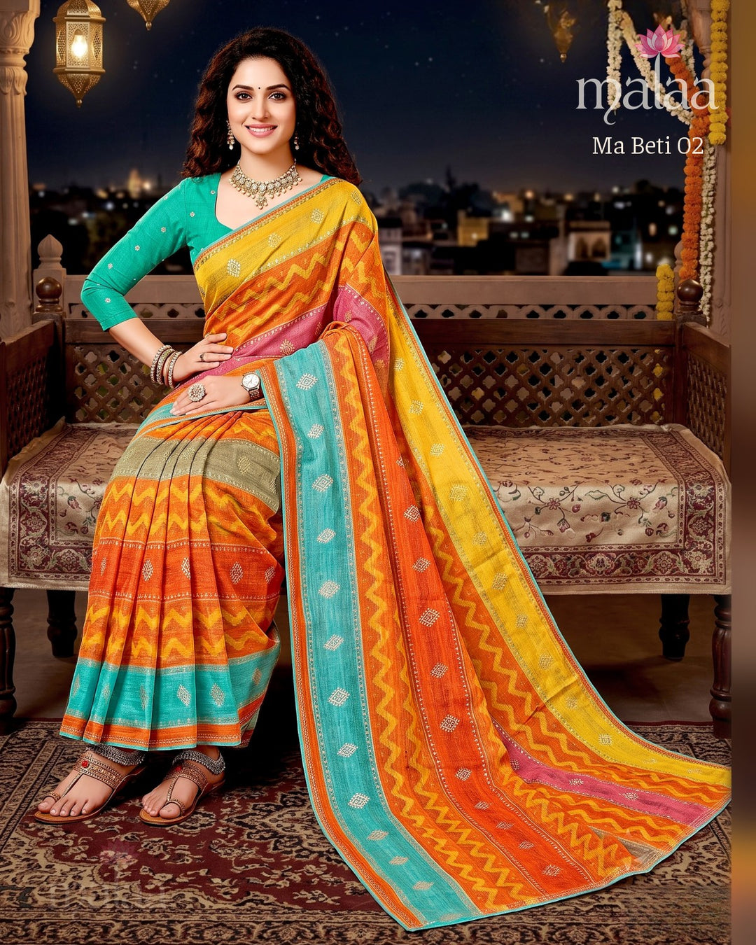 Ma Beti 02 saree D3, Zigzag leheriya print, butti work, printed border, Malaa Sarees Surat