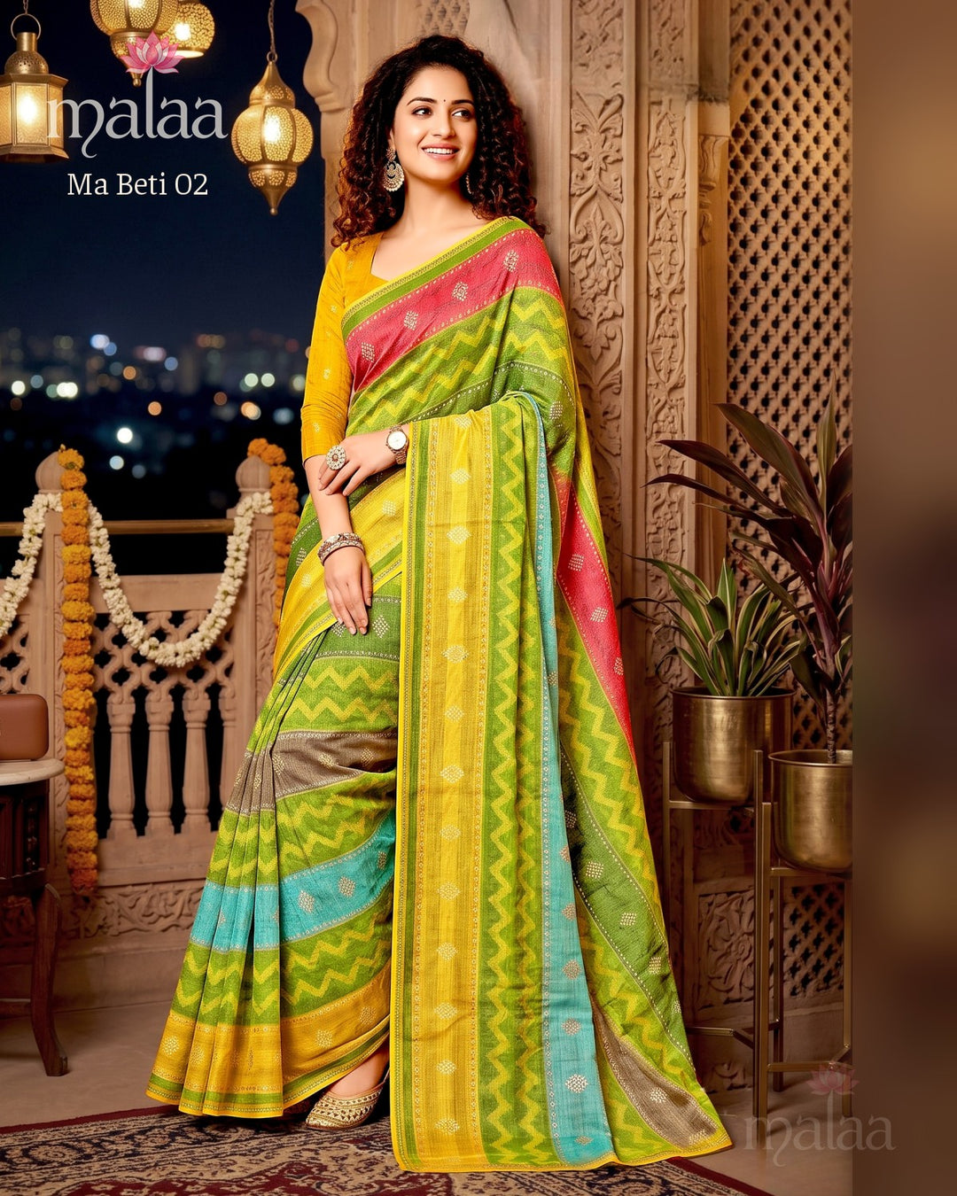 Ma Beti 02 saree D4, Zigzag leheriya print, butti work, printed border, Malaa Sarees Surat