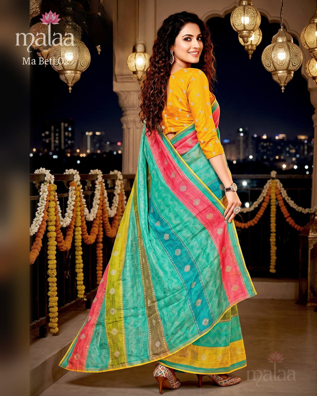 Ma Beti 02 saree D5, Zigzag leheriya print, butti work, printed border, Malaa Sarees Surat
