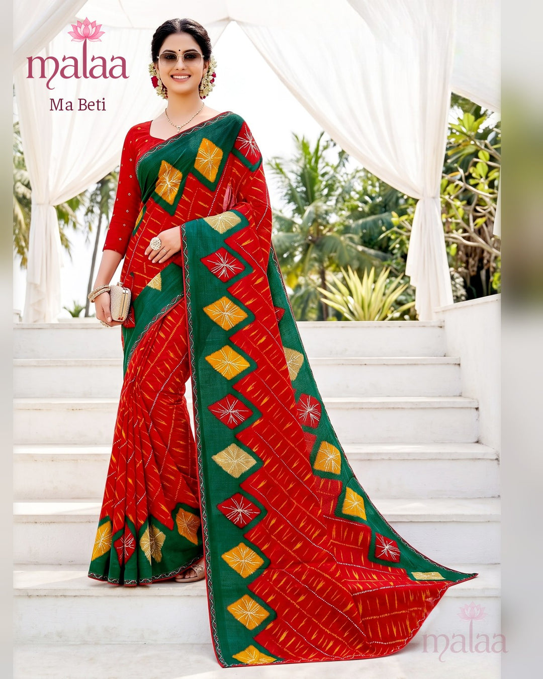 Ma Beti saree D1, Bandhej print, embroidered butti, lace border, Malaa Sarees Surat