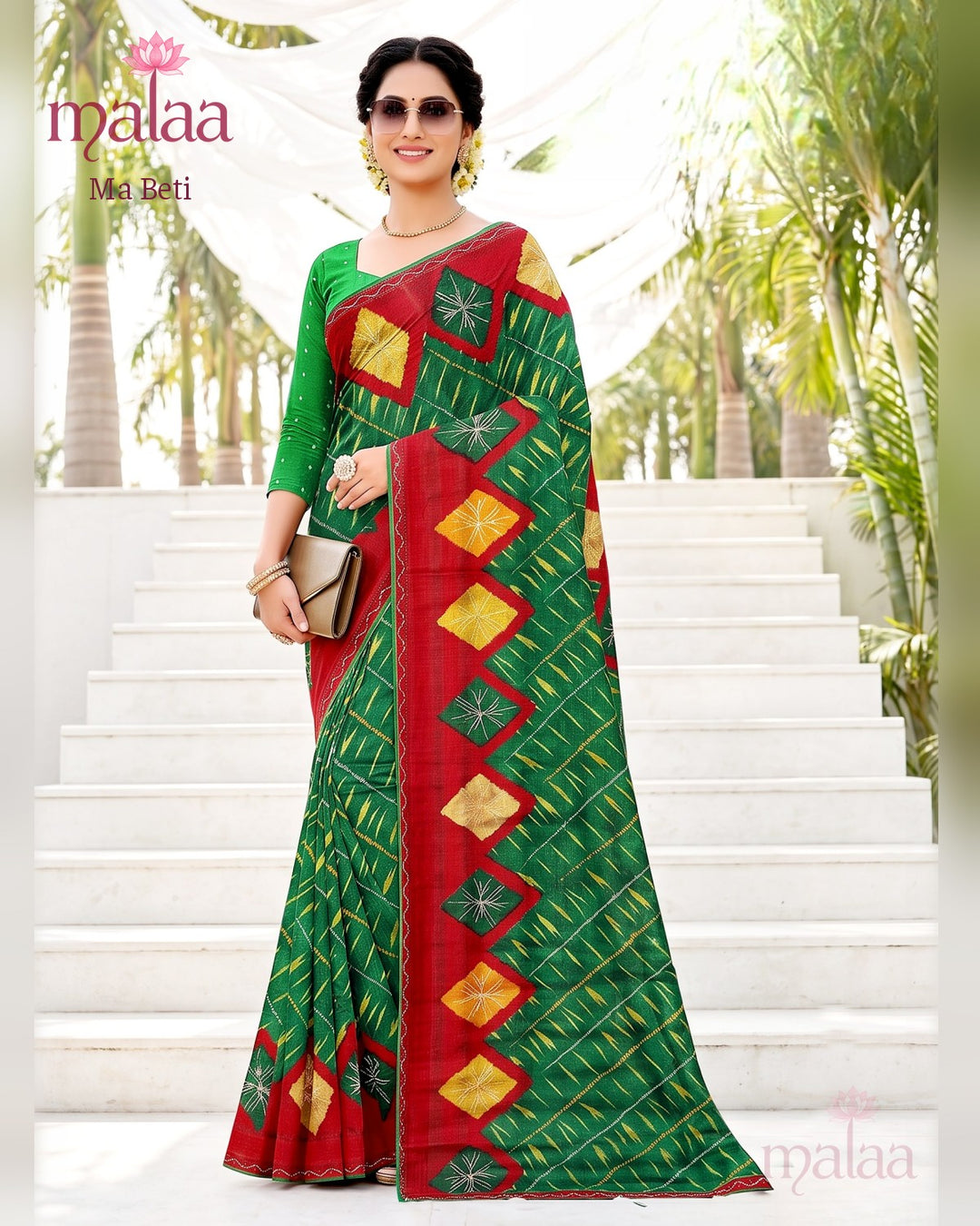 Ma Beti saree D2, Bandhej print, embroidered butti, lace border, Malaa Sarees Surat