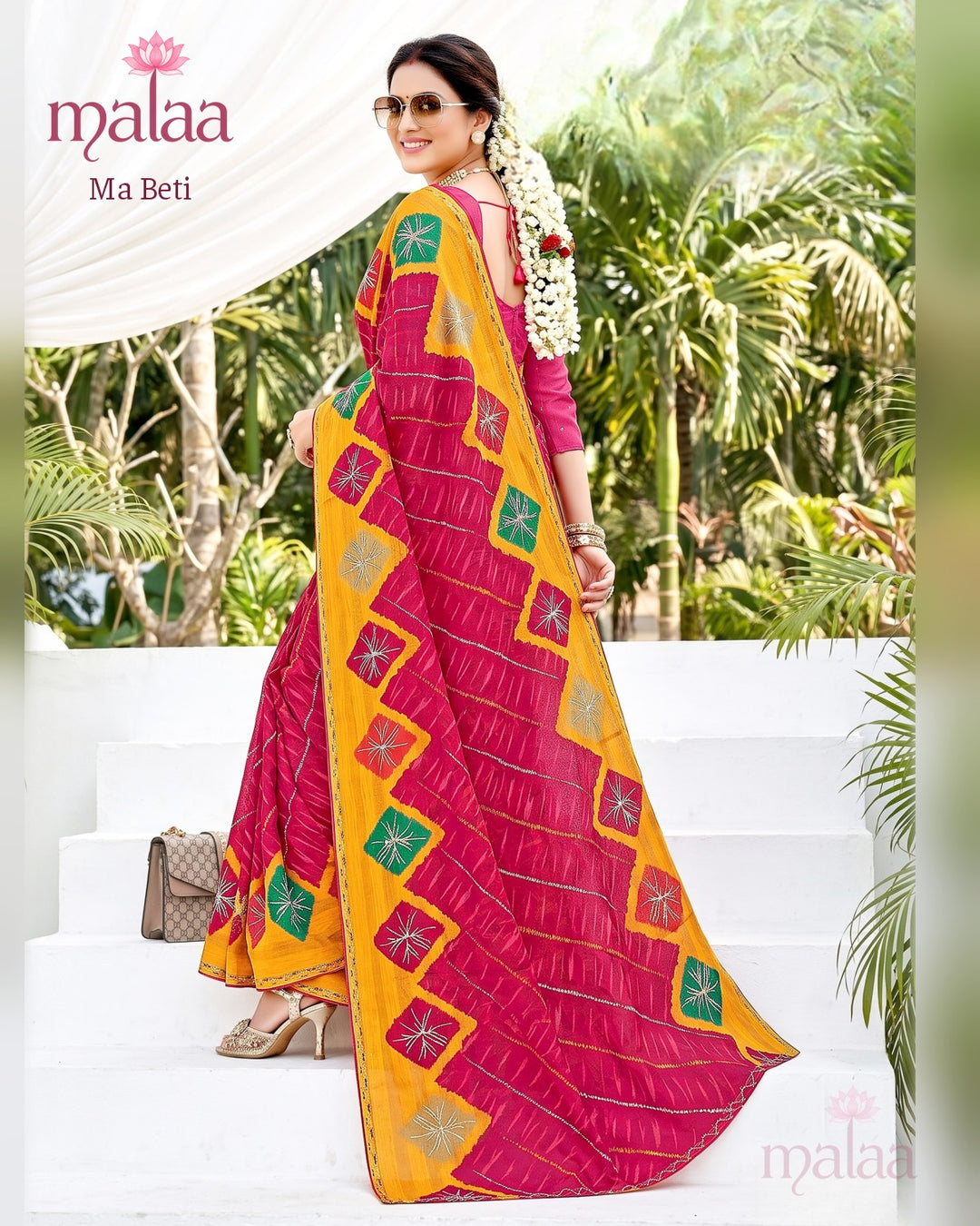 Ma Beti saree D3, Bandhej print, embroidered butti, lace border, Malaa Sarees Surat