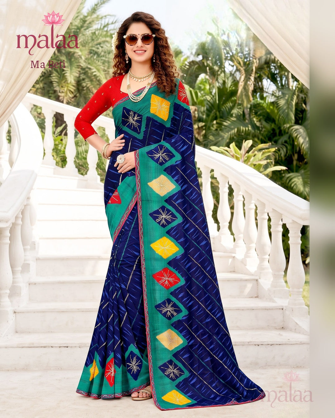 Ma Beti saree D4, Bandhej print, embroidered butti, lace border, Malaa Sarees Surat